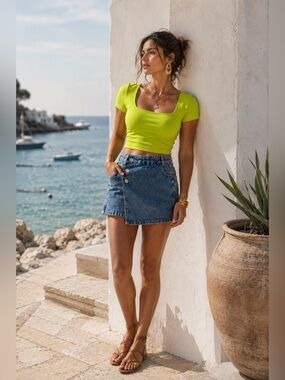 Zara Lime Green Ruched Cotton Top | Size Small | Like New